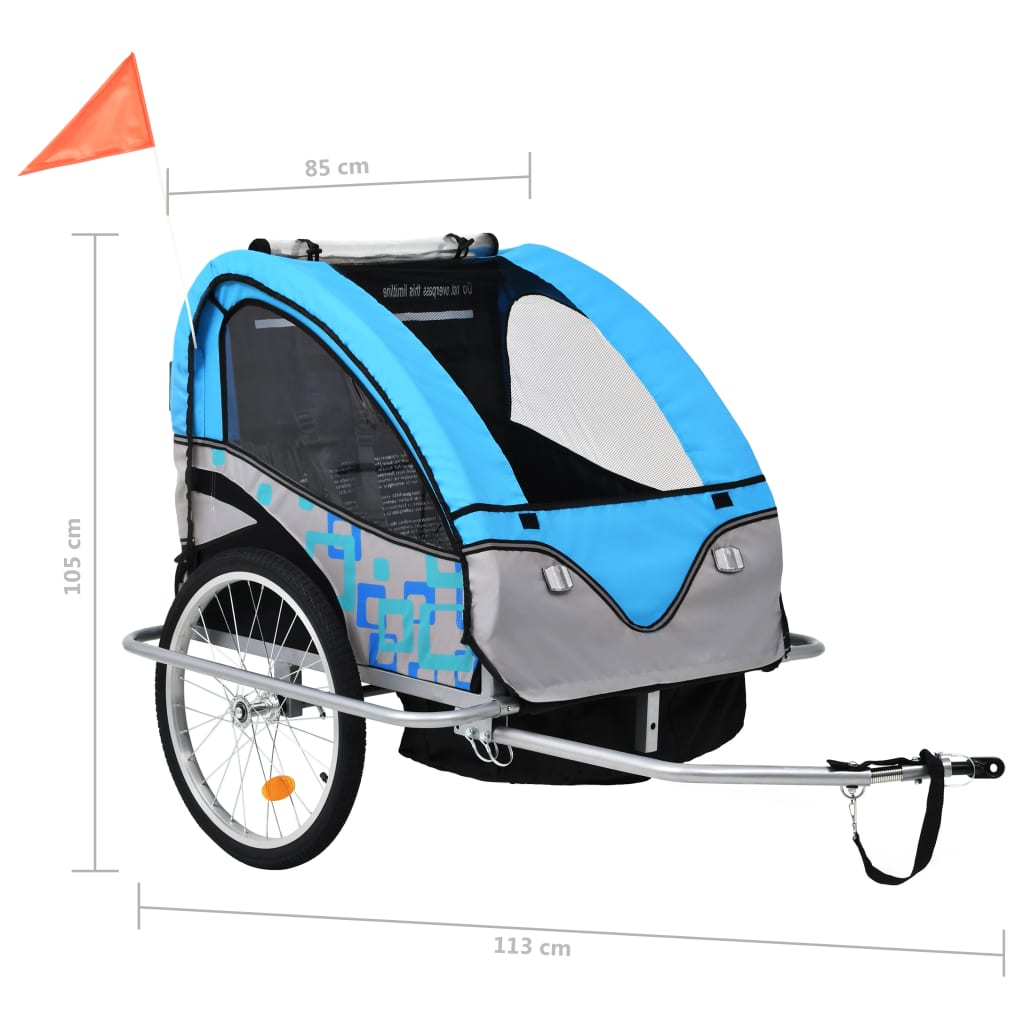 Reboque para bicicletas/carrinho de bebé 2 em 1 azul/cinza