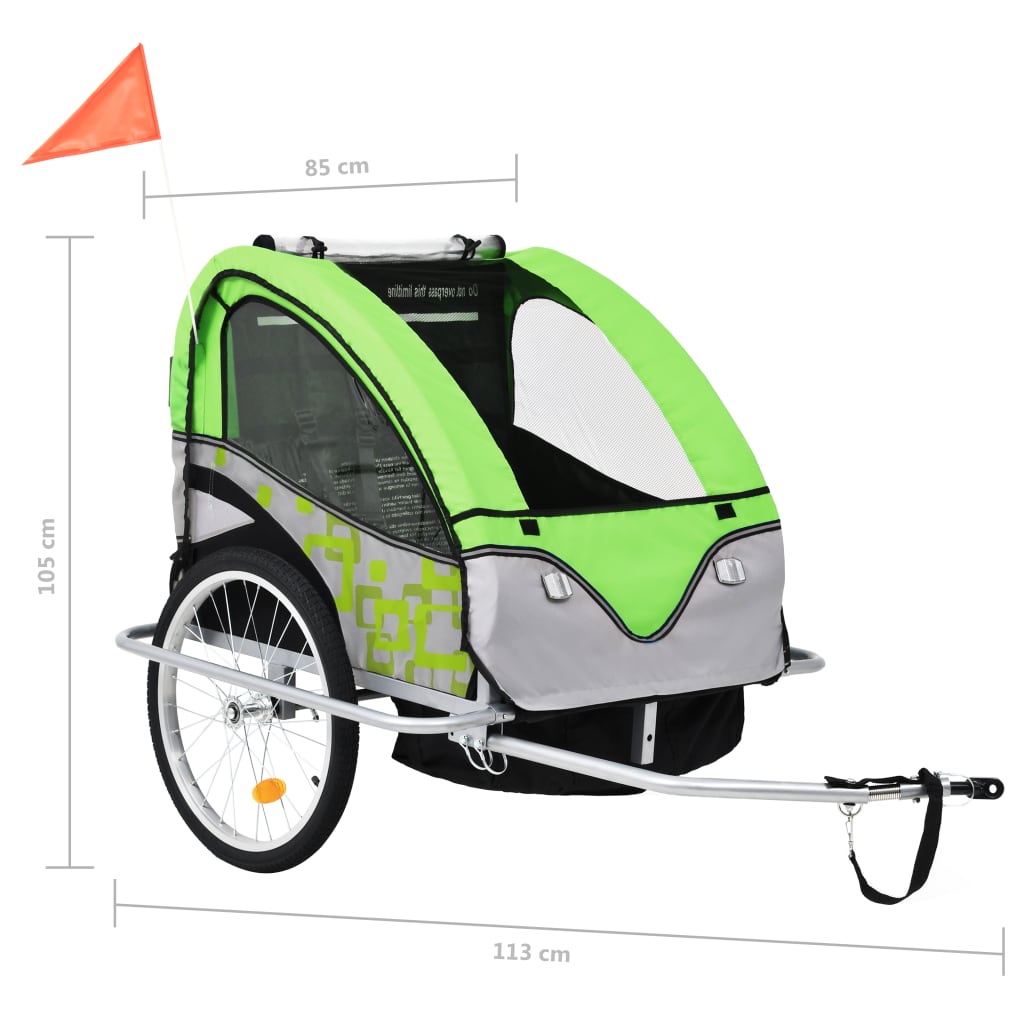 Reboque para bicicletas/carrinho de bebé 2 em 1 verde e cinza