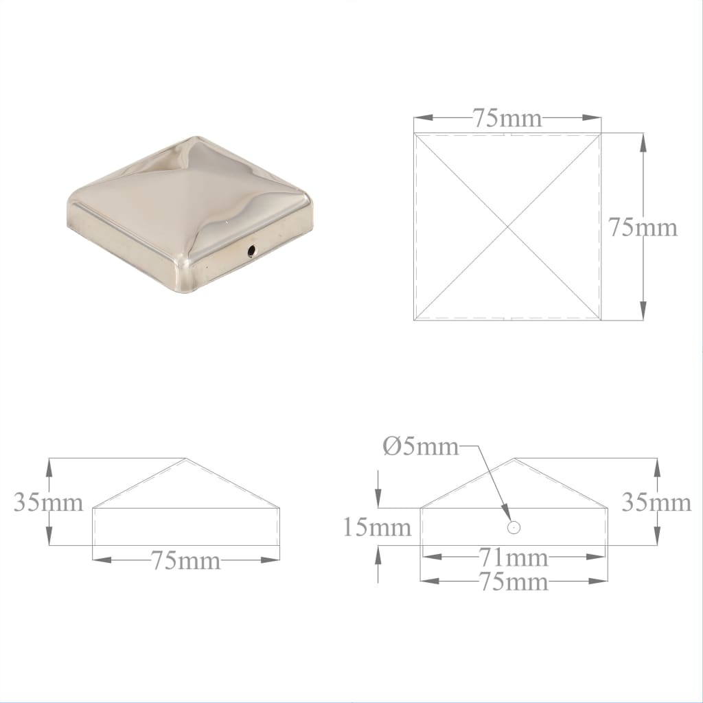 Tampas piramidais p/ postes vedação 6pcs aço inoxidável 71x71mm