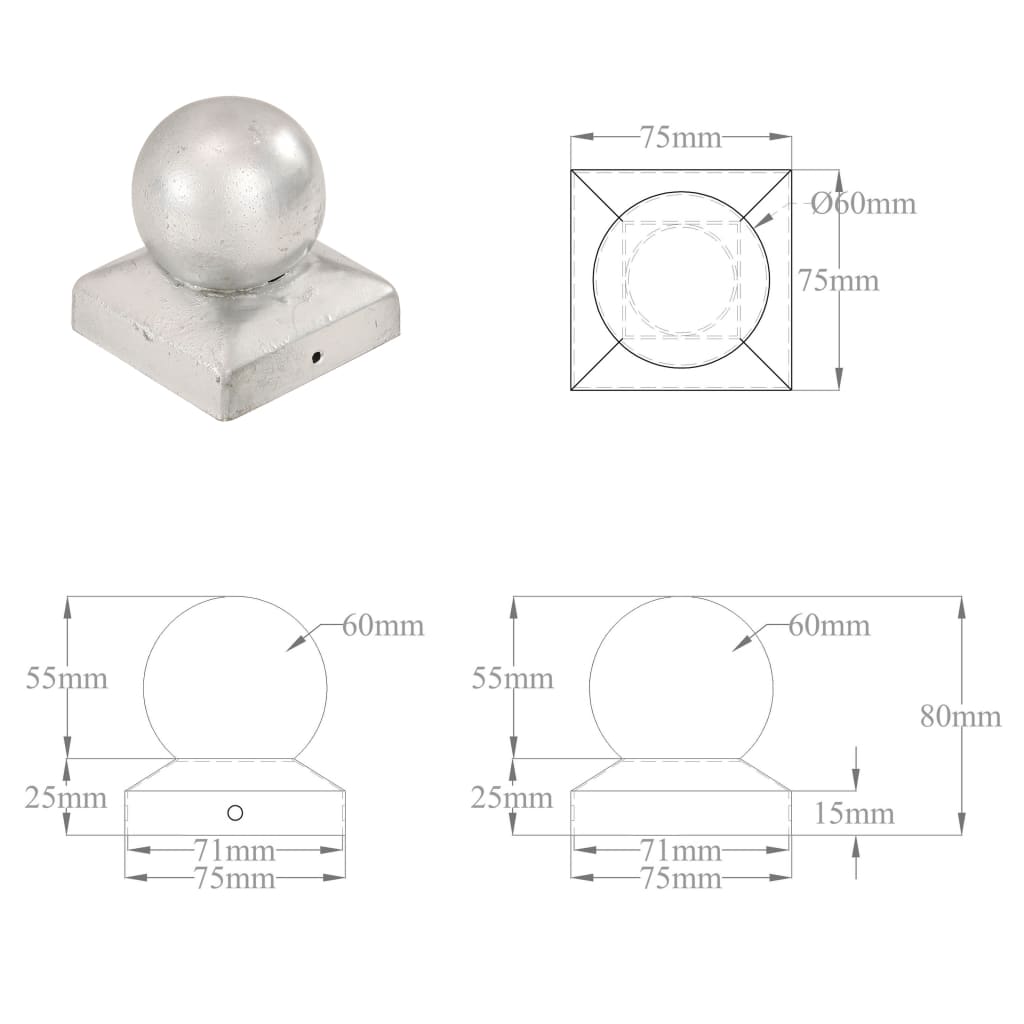 Tampas globo p/ postes vedação 6 pcs metal galvanizado 71x71mm