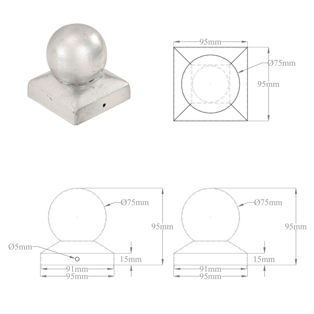 Tampas globo p/ postes vedação 6 pcs metal galvanizado 91x91mm