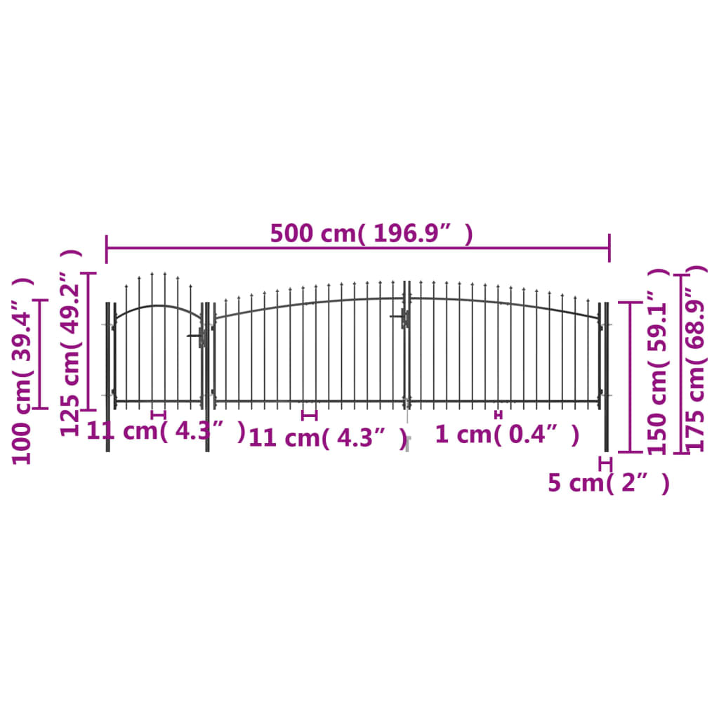 Portão p/ cerca de jardim com topo em lanças 5x1,75 m aço preto