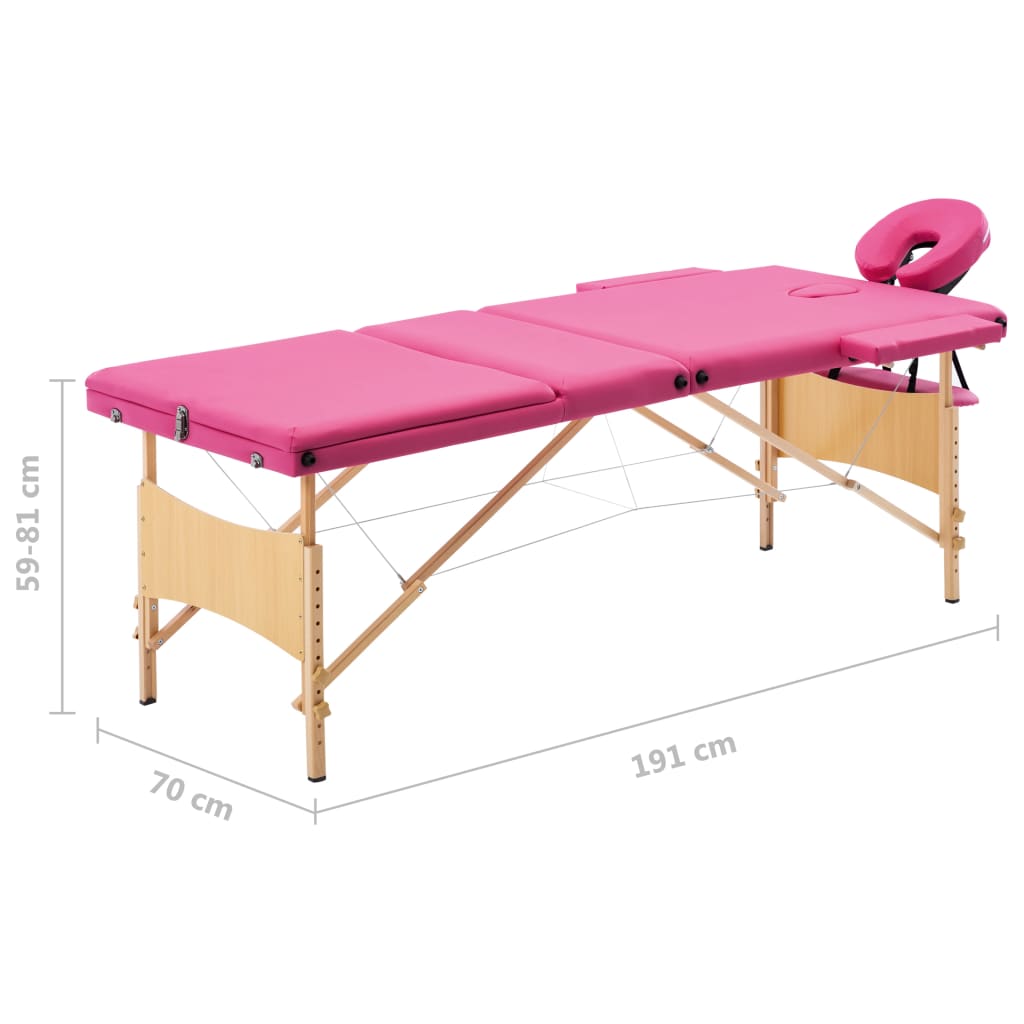 Mesa de massagens dobrável 3 zonas madeira rosa