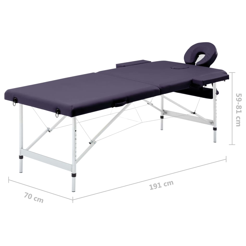 Mesa de massagens dobrável 2 zonas alumínio roxo