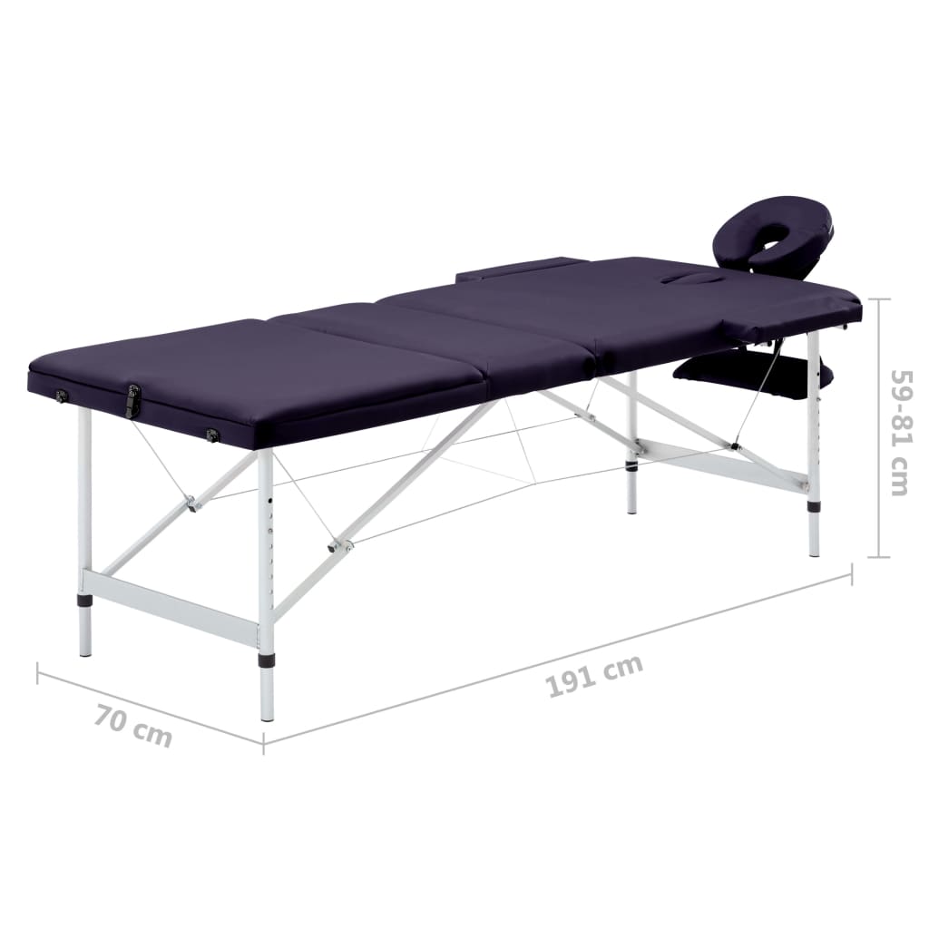 Mesa de massagens dobrável 3 zonas alumínio roxo