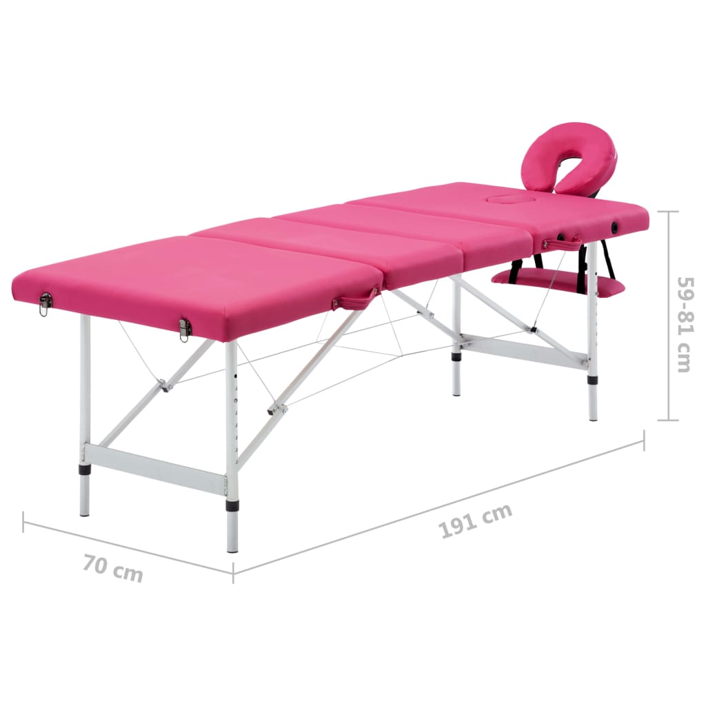 Mesa de massagens dobrável 4 zonas alumínio rosa