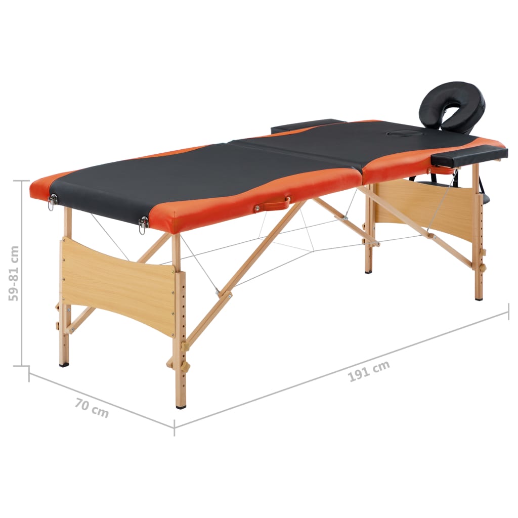 Mesa de massagens dobrável 2 zonas madeira preto e laranja