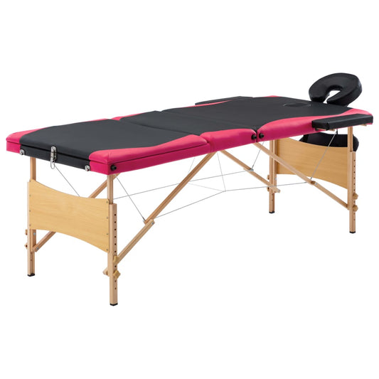 Mesa de massagens dobrável 3 zonas madeira preto e rosa