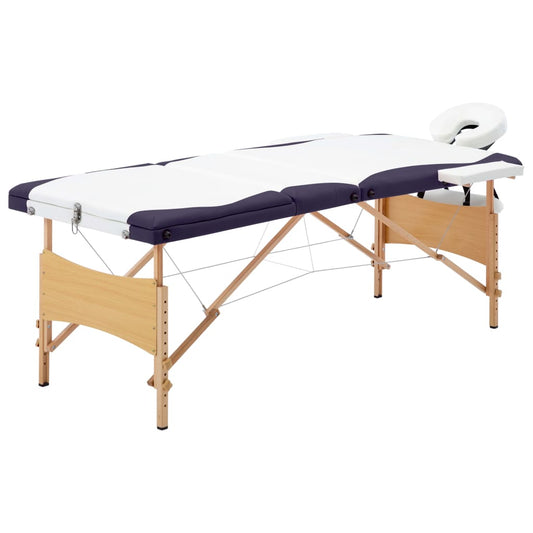 Mesa de massagens dobrável 3 zonas madeira branco e roxo