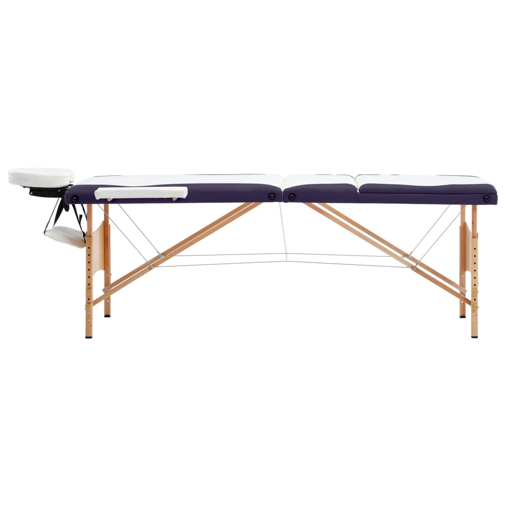 Mesa de massagens dobrável 3 zonas madeira branco e roxo