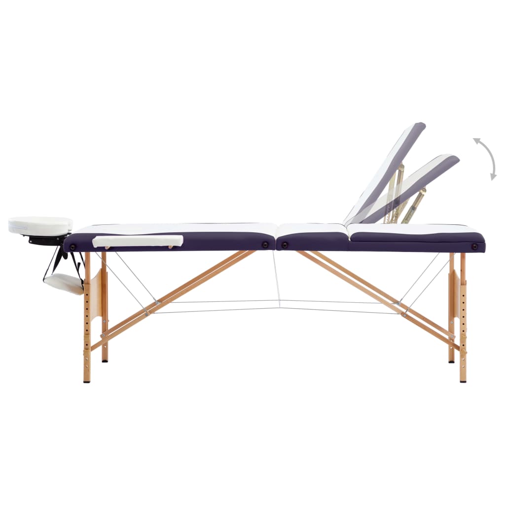 Mesa de massagens dobrável 3 zonas madeira branco e roxo