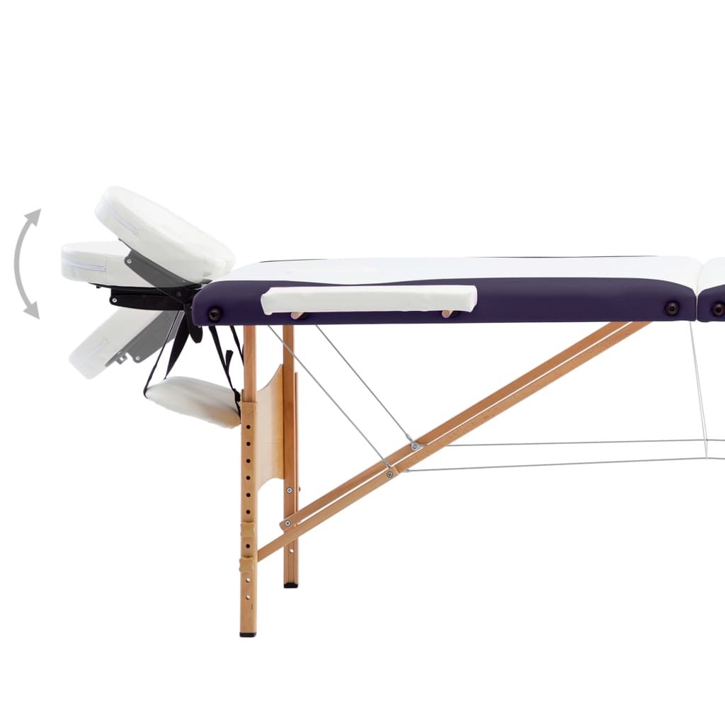 Mesa de massagens dobrável 3 zonas madeira branco e roxo