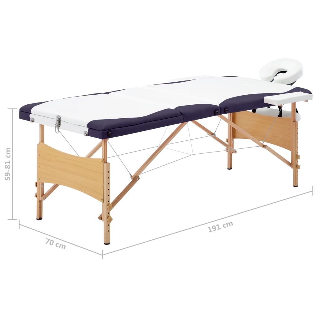 Mesa de massagens dobrável 3 zonas madeira branco e roxo