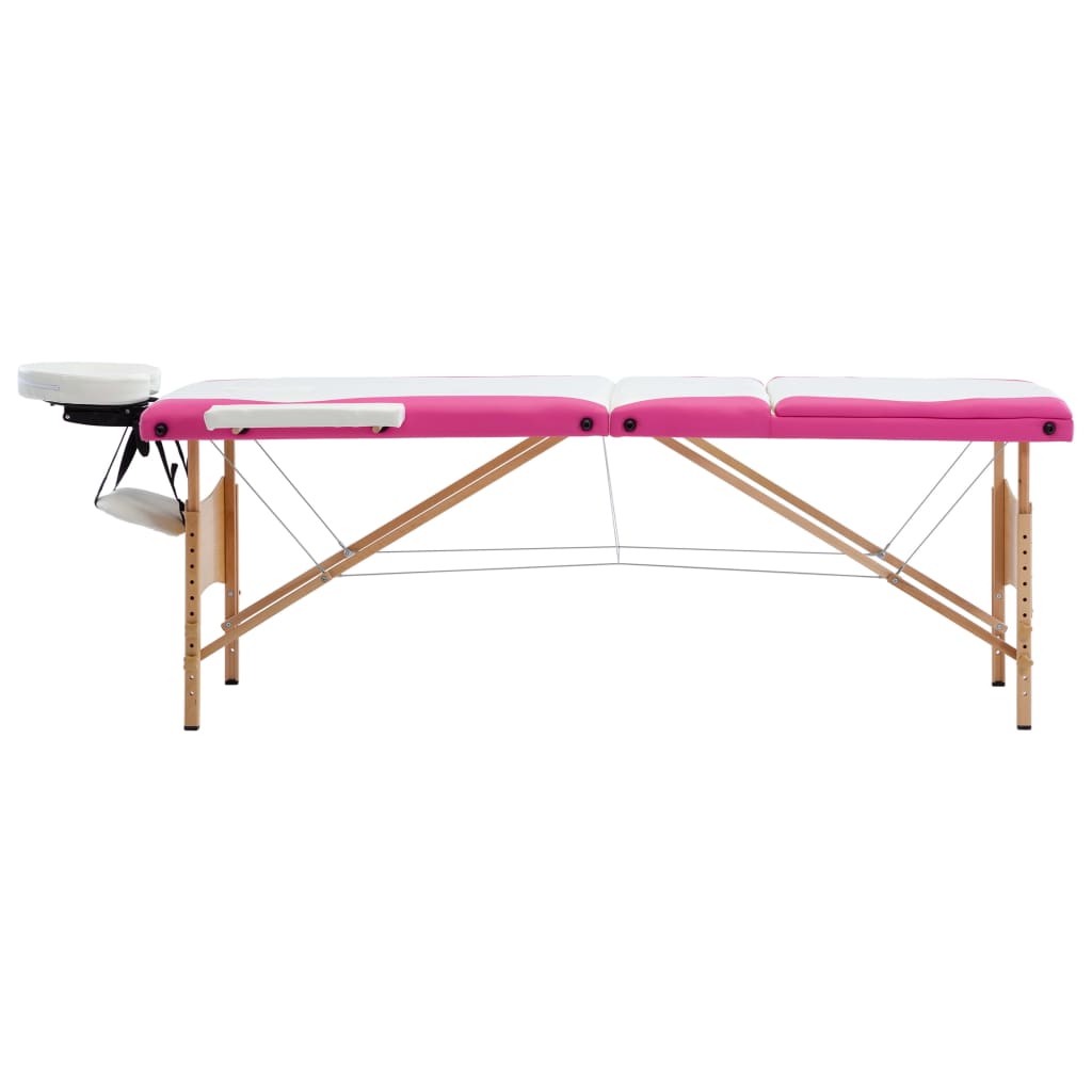 Mesa de massagens dobrável 3 zonas madeira branco e rosa