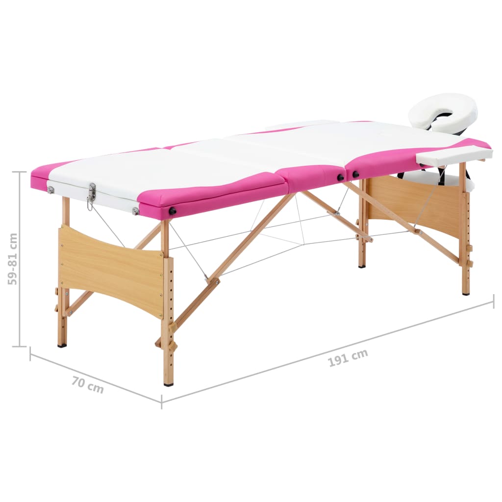 Mesa de massagens dobrável 3 zonas madeira branco e rosa