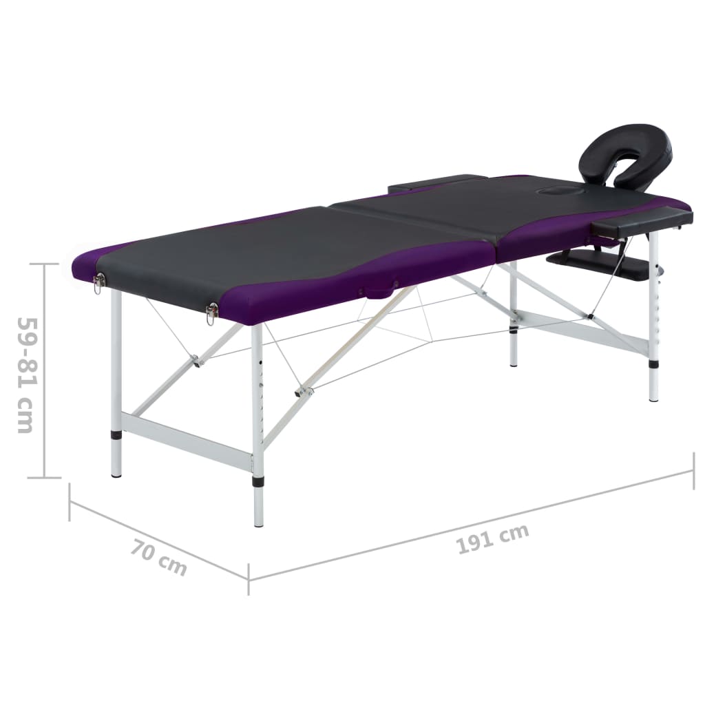 Mesa de massagem dobrável 2 zonas alumínio preto e roxo