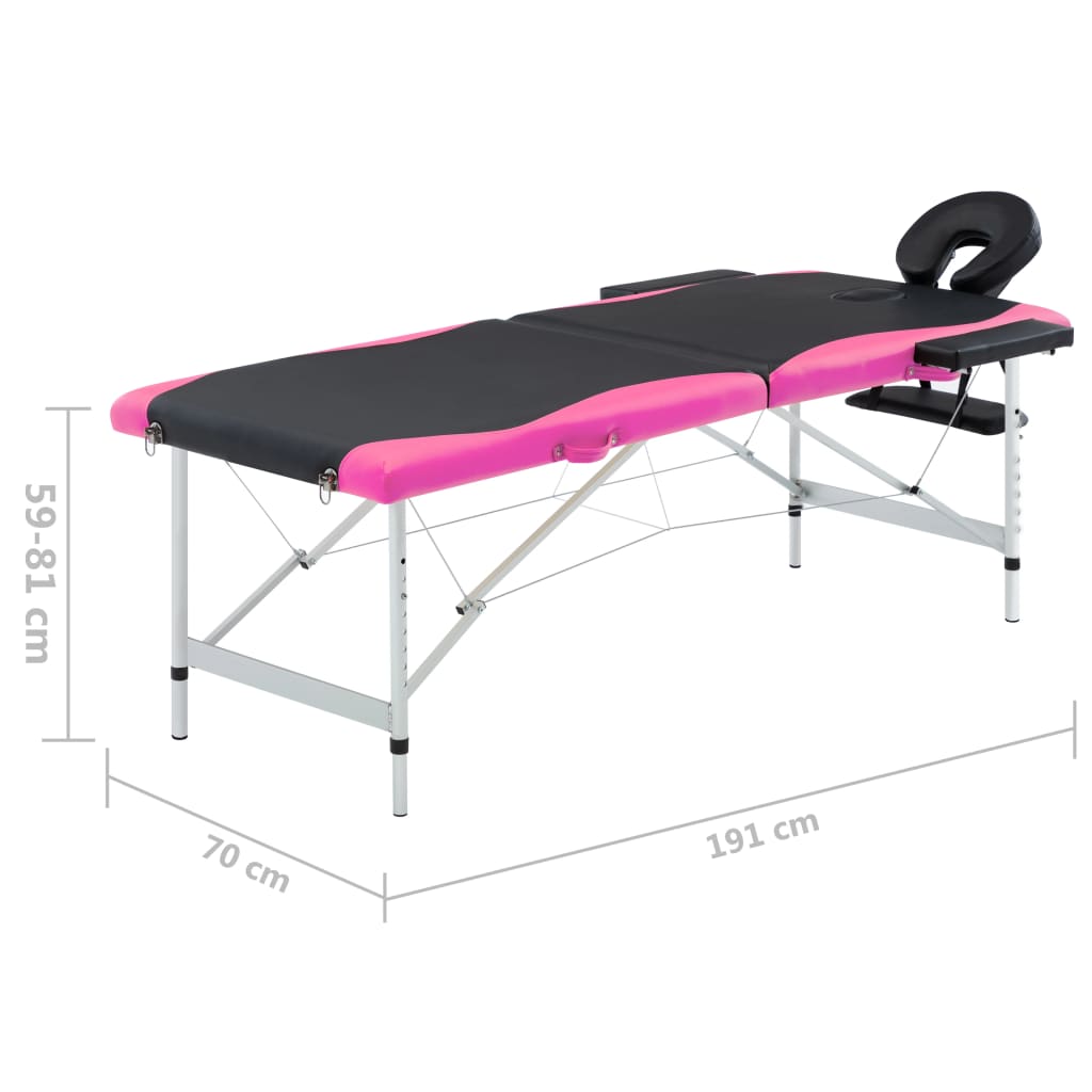 Mesa de massagem dobrável 2 zonas alumínio preto e rosa