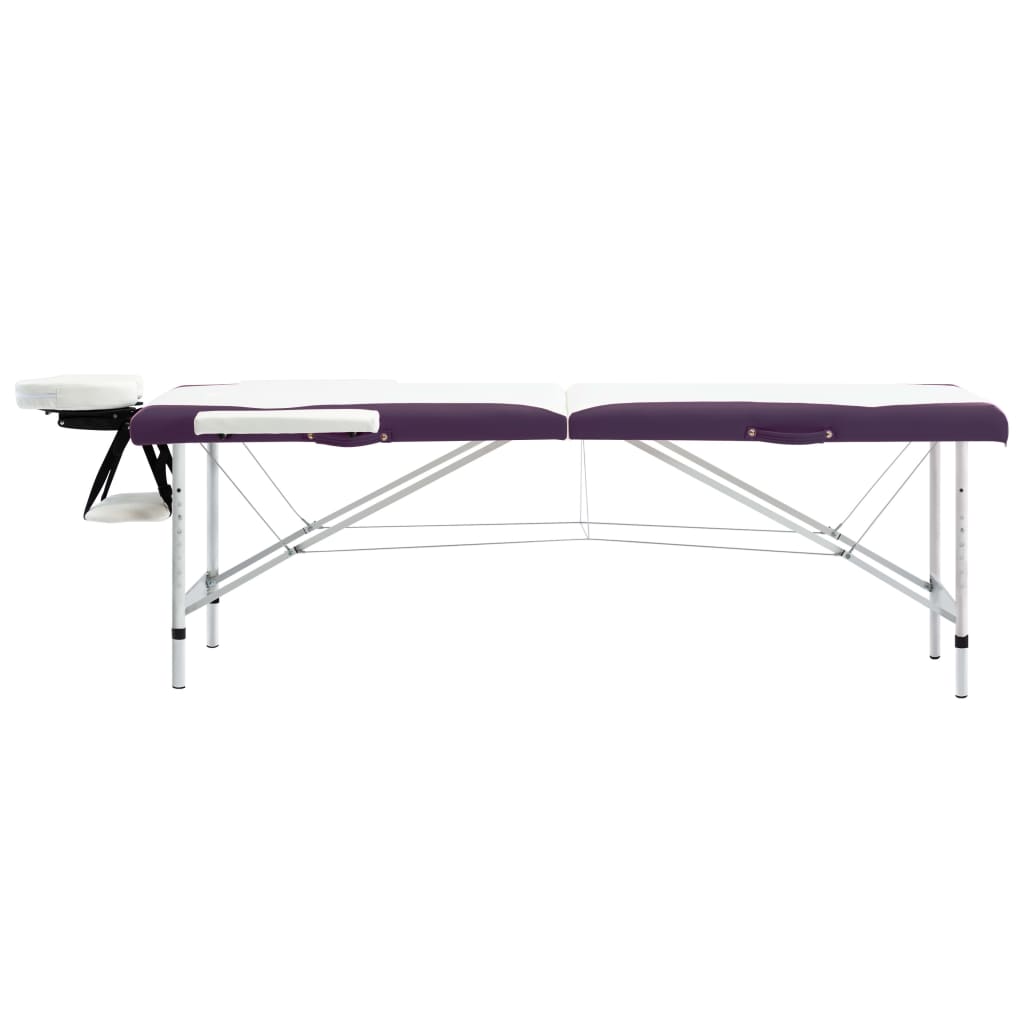 Mesa de massagem dobrável 2 zonas alumínio branco e roxo