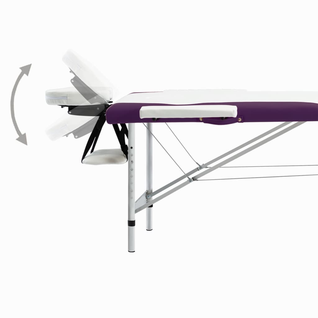 Mesa de massagem dobrável 2 zonas alumínio branco e roxo