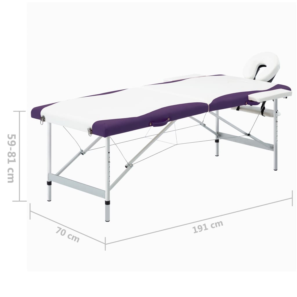 Mesa de massagem dobrável 2 zonas alumínio branco e roxo