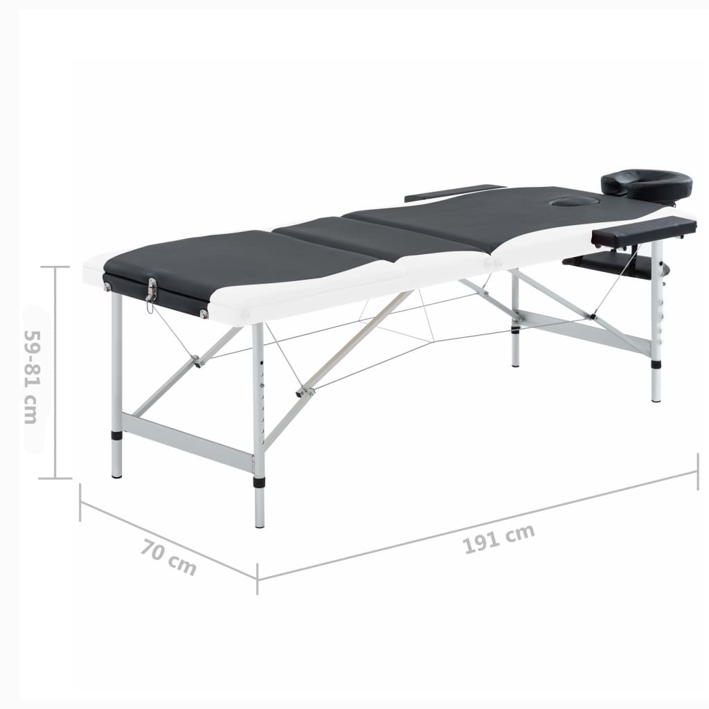 Mesa de massagem dobrável 3 zonas alumínio preto e branco