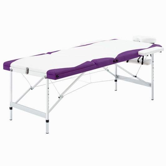 Mesa de massagem dobrável 3 zonas alumínio branco e roxo