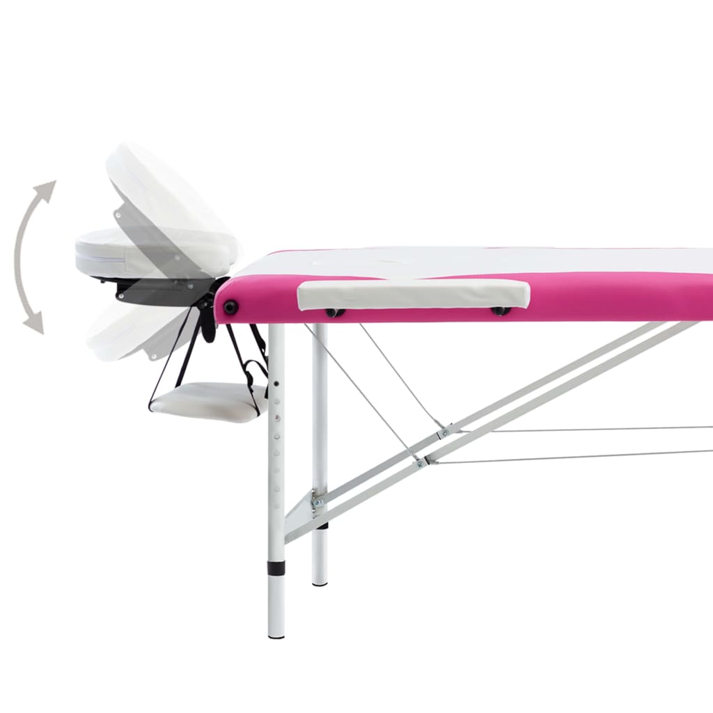 Mesa de massagem dobrável 3 zonas alumínio branco e rosa