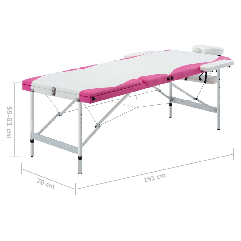 Mesa de massagem dobrável 3 zonas alumínio branco e rosa