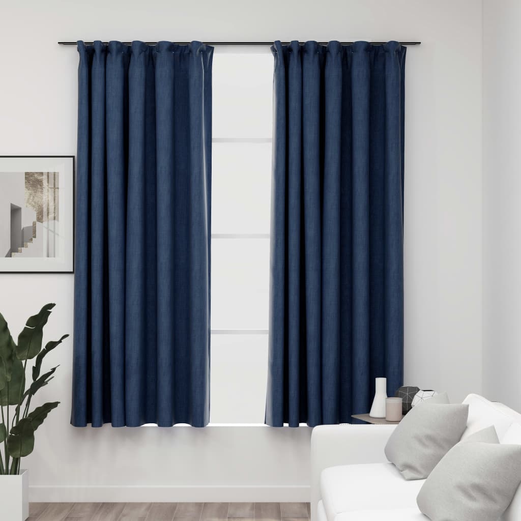 Cortinas opacas aspeto linho c/ ganchos 2 pcs 140x175 cm azul