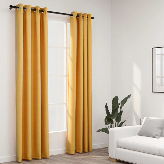 Cortinas opacas aspeto linho c/ ilhós 2 pcs 140x225 cm amarelo