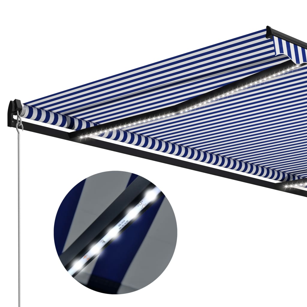 vidaXL Toldo retrátil manual com LED 450x300 cm azul e branco