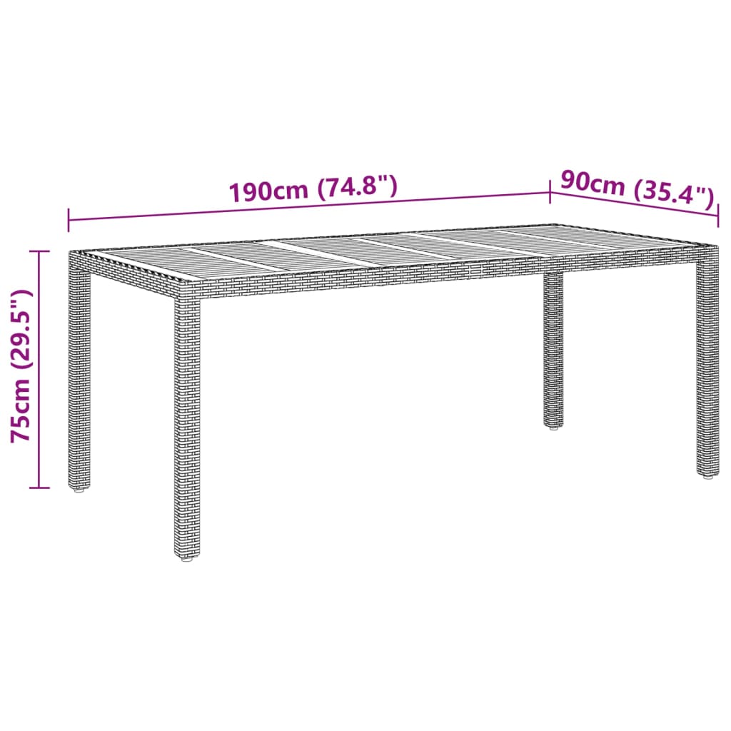 Mesa de jardim 190x90x75 cm madeira de acácia e vime PE preto