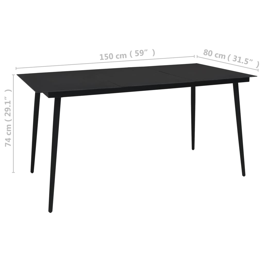 Mesa de jantar para jardim 150x80x74 cm aço e vidro preto