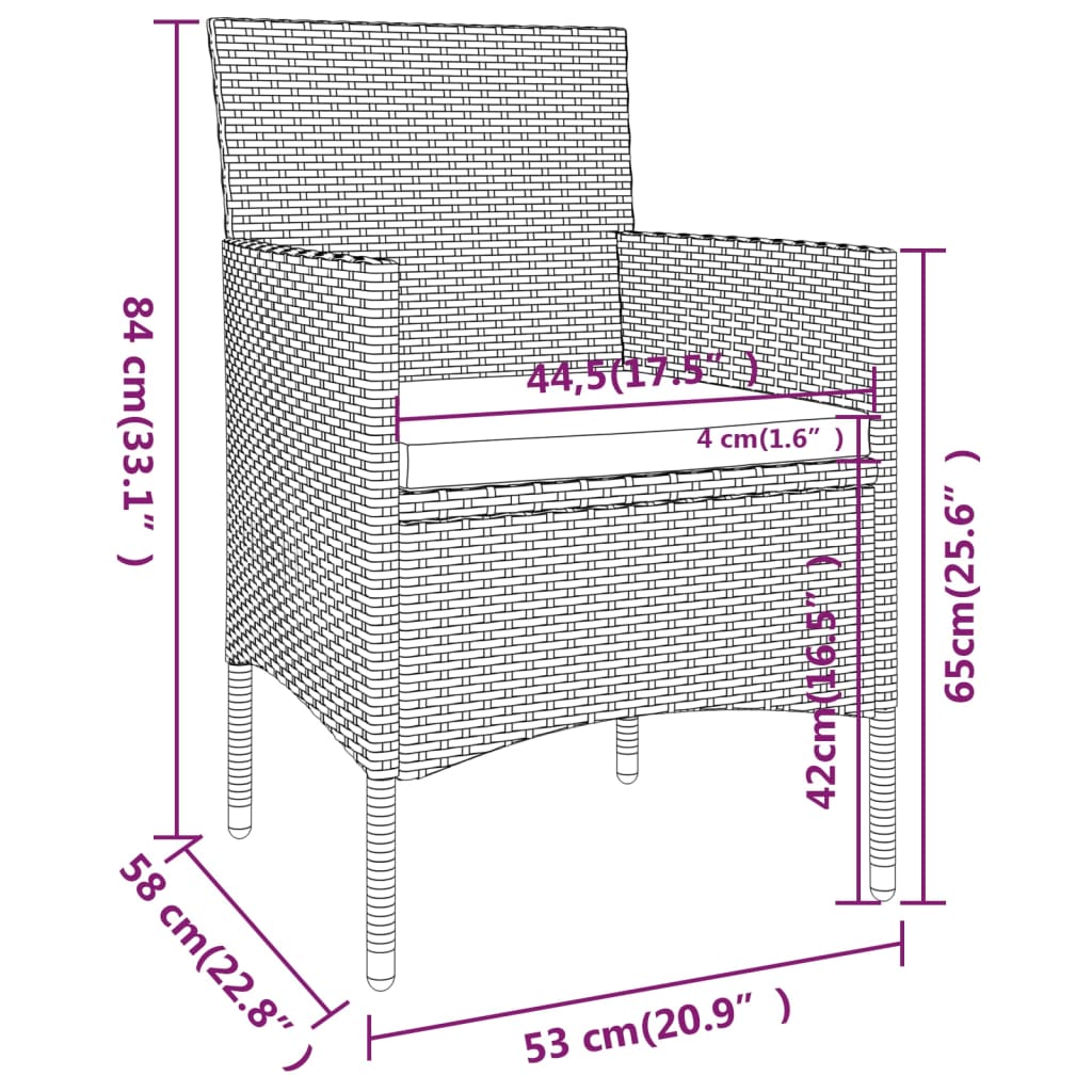 3 pcs conjunto jantar jardim vime PE e acácia maciça cinzento