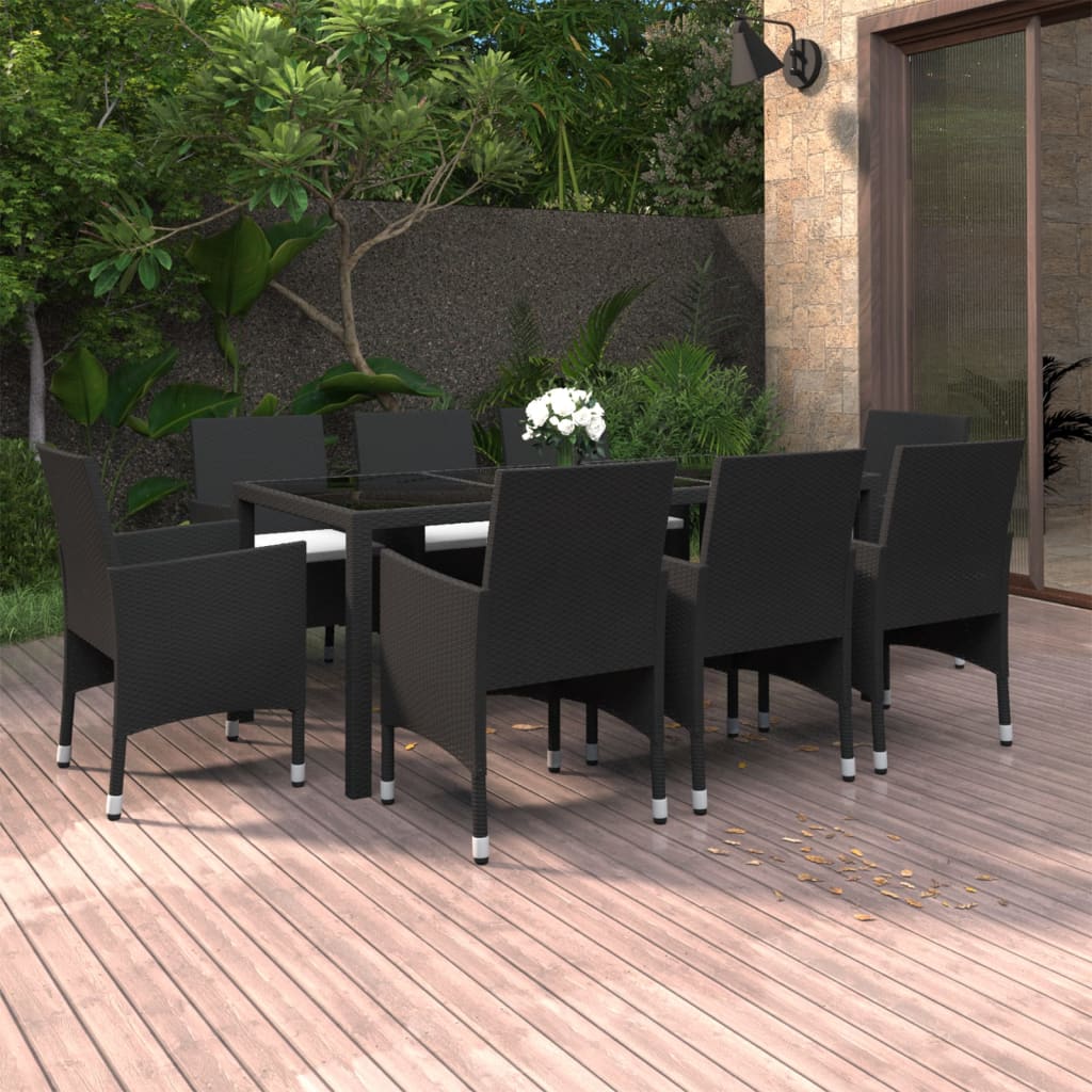 9 pcs conjunto de jantar para jardim vime PE preto