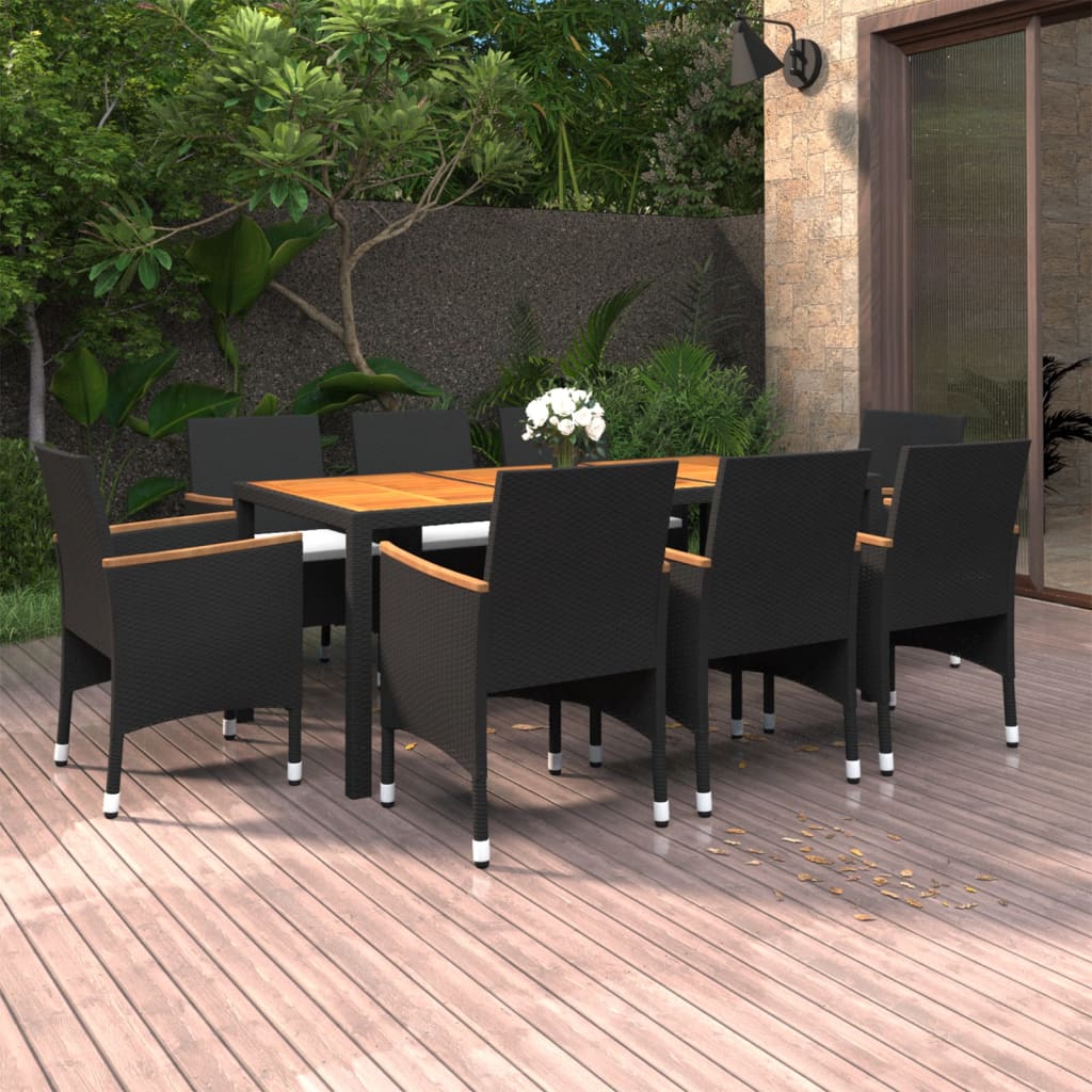 9 pcs conjunto de jantar para jardim vime PE preto