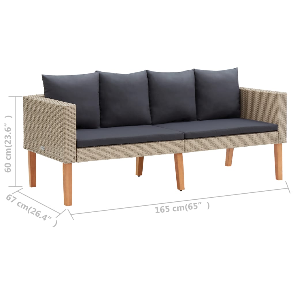 3 pcs conjunto lounge de jardim c/ almofadões vime PE bege