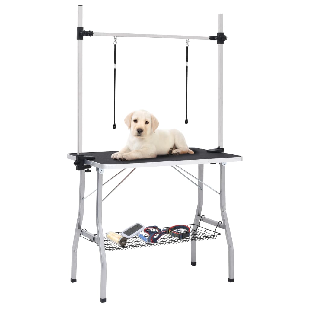 Mesa de grooming ajustável para cães com 2 laços e cesto