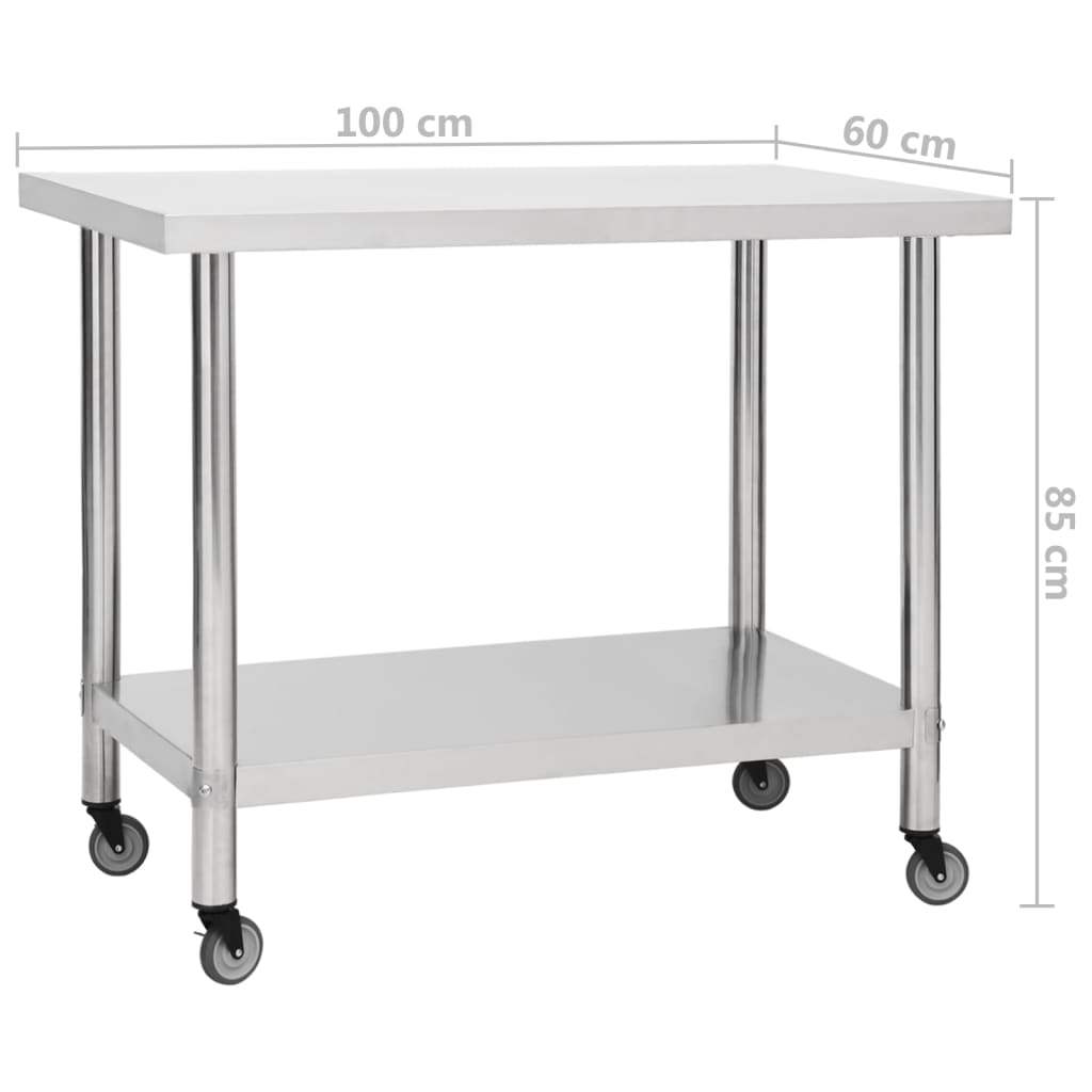 Mesa de trabalho de cozinha c/ rodas aço inoxidável 100x60x85cm