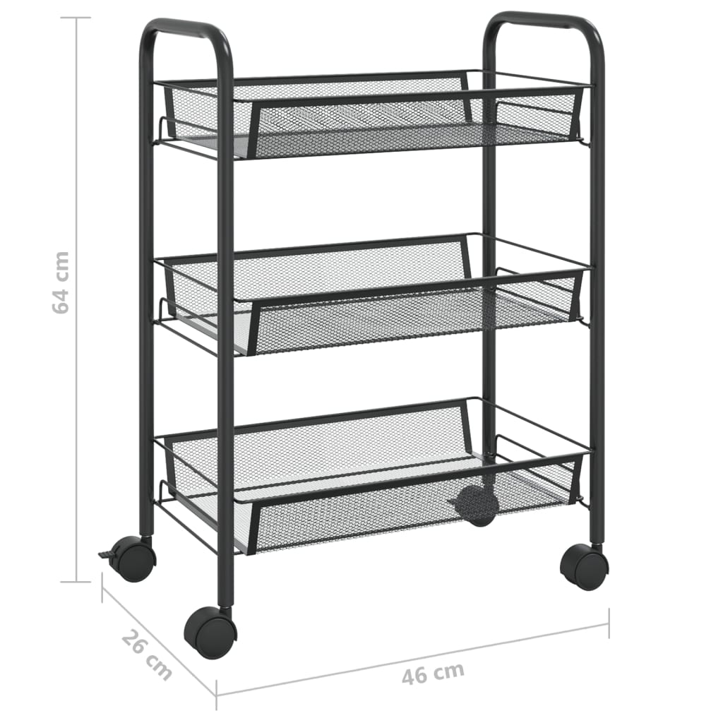 Carrinho de cozinha com 3 prateleiras ferro 46x26x64 cm preto