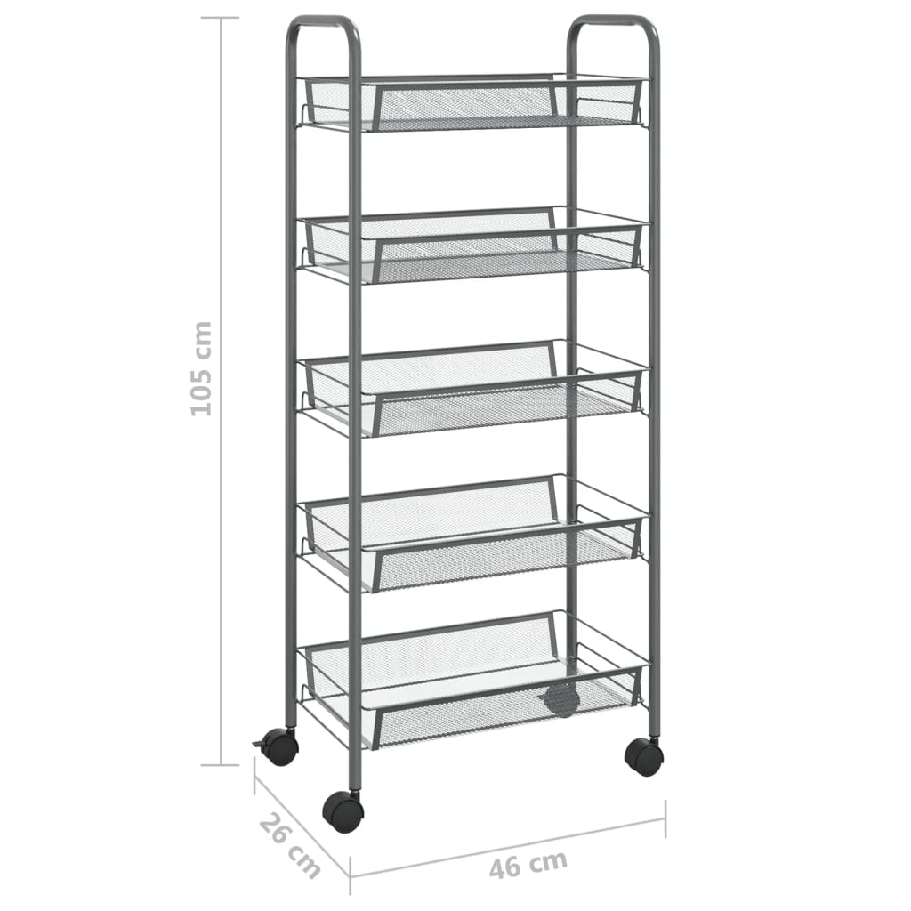 Carrinho de cozinha c/ 5 prateleiras ferro 46x26x105cm cinzento