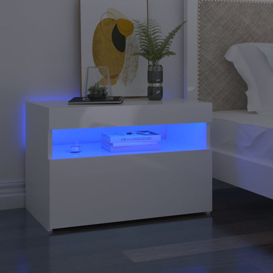 Mesa de cabeceira & luzes LED 60x35x40 cm branco brilhante