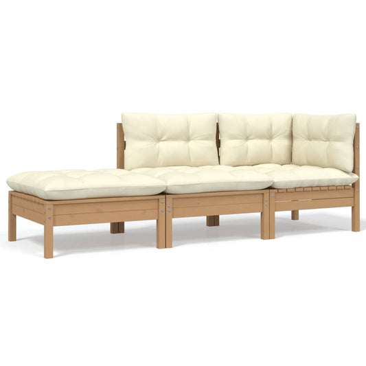 3 pcs conjunto lounge jardim c/ almofadões creme pinho maciço