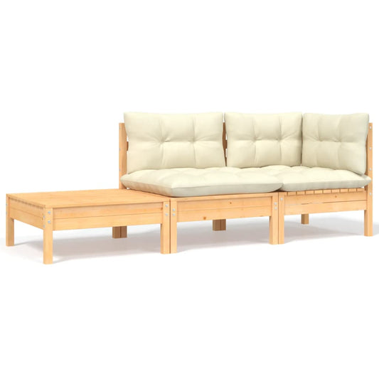 3 pcs conjunto lounge jardim c/ almofadões creme pinho maciço