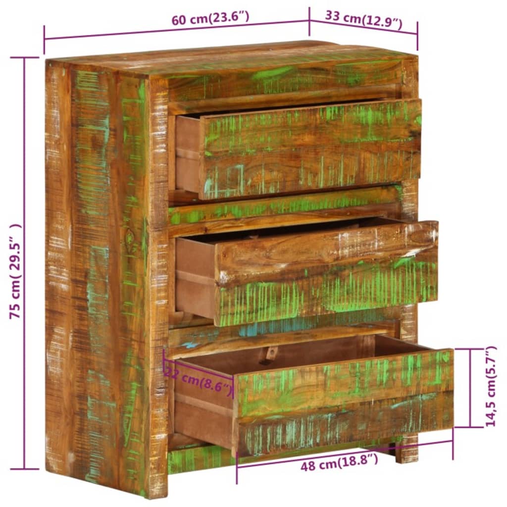 Armário gavetas 60x33x75 cm madeira recuperada maciça multicor