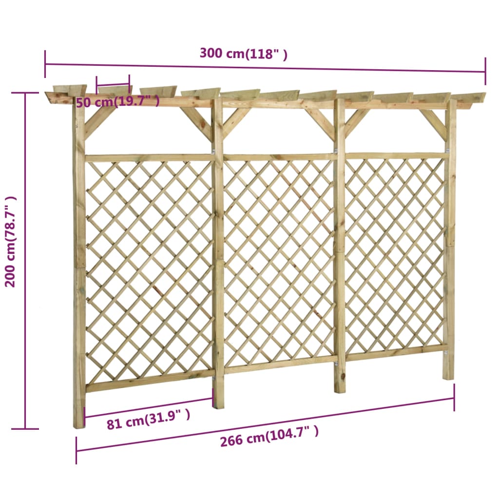 Cerca treliça c/ pérgola no topo 300x50x200 cm pinho impregnado