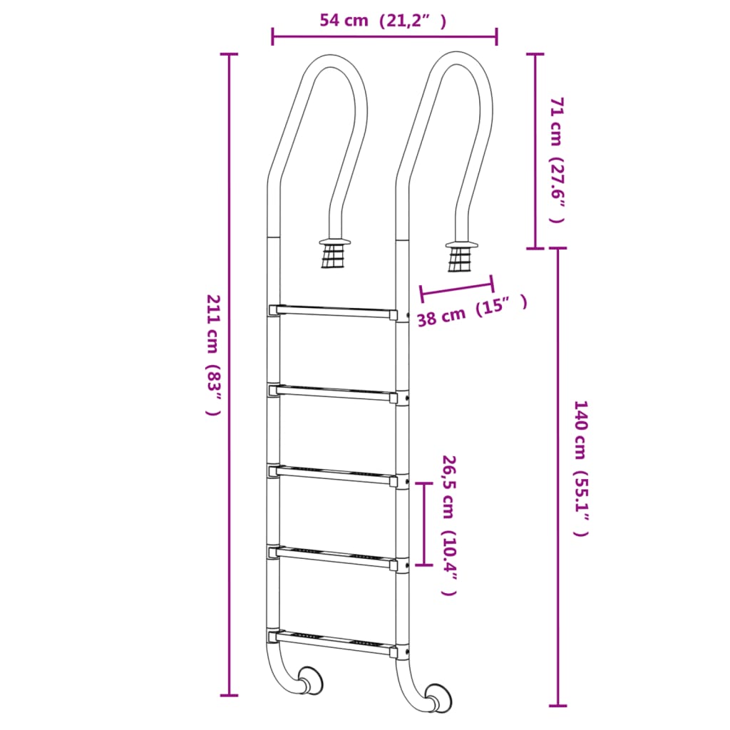 Escada de piscina 54x38x211 cm aço inoxidável 304