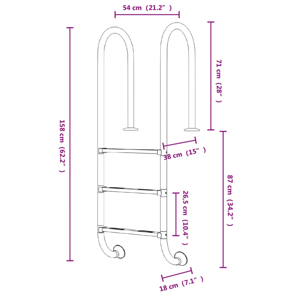 Escada de piscina 54x38x158 cm aço inoxidável 304