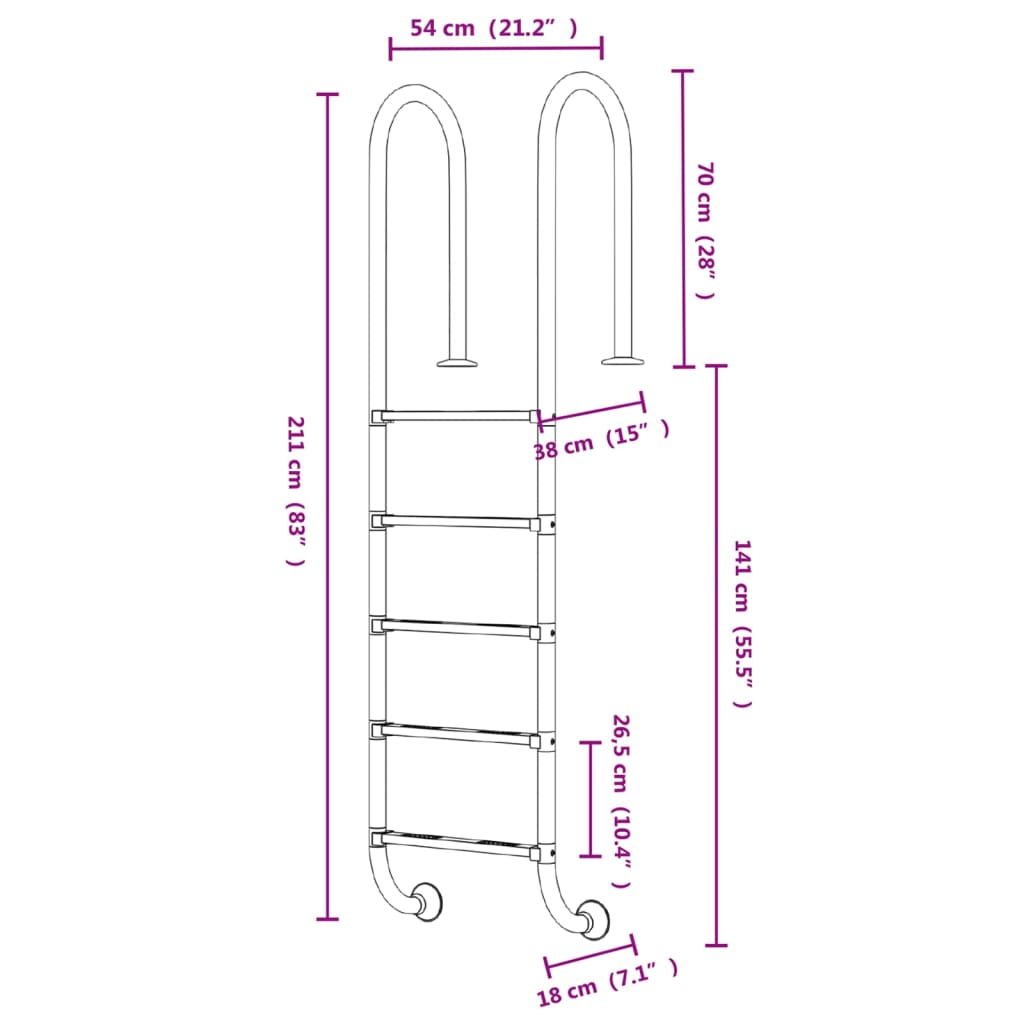 Escada de piscina 54x38x211 cm aço inoxidável 304