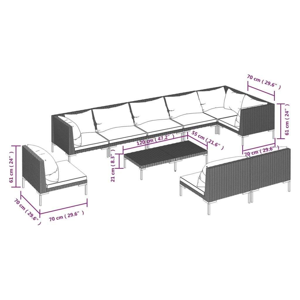 10 pcs conj. lounge jardim c/ almofadões vime PE cinza-escuro